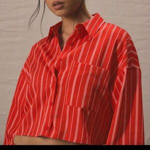 Red Striped Cropped Boxy Button-Up Shirt